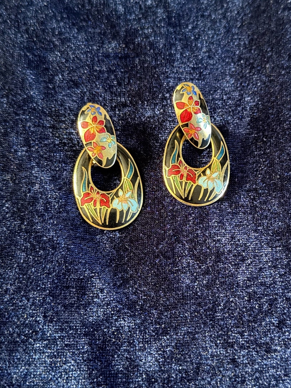 Vintage Cloisonné Black Gold Enamel Door Knocker Earrings